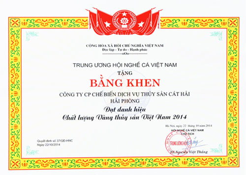 Trung ương Hội nghề cá Việt Nam tặng bằng khen Danh hiệu chất lượng vàng Thủy sản Việt Nam 2014