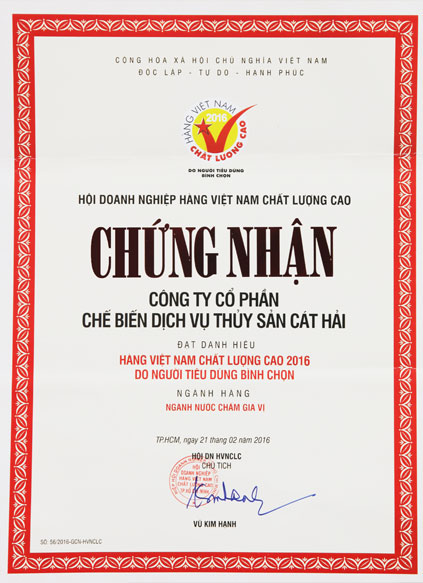 Chứng nhận hàng Việt Nam chất lượng cao 2016 do người tiêu dùng bình chọn
